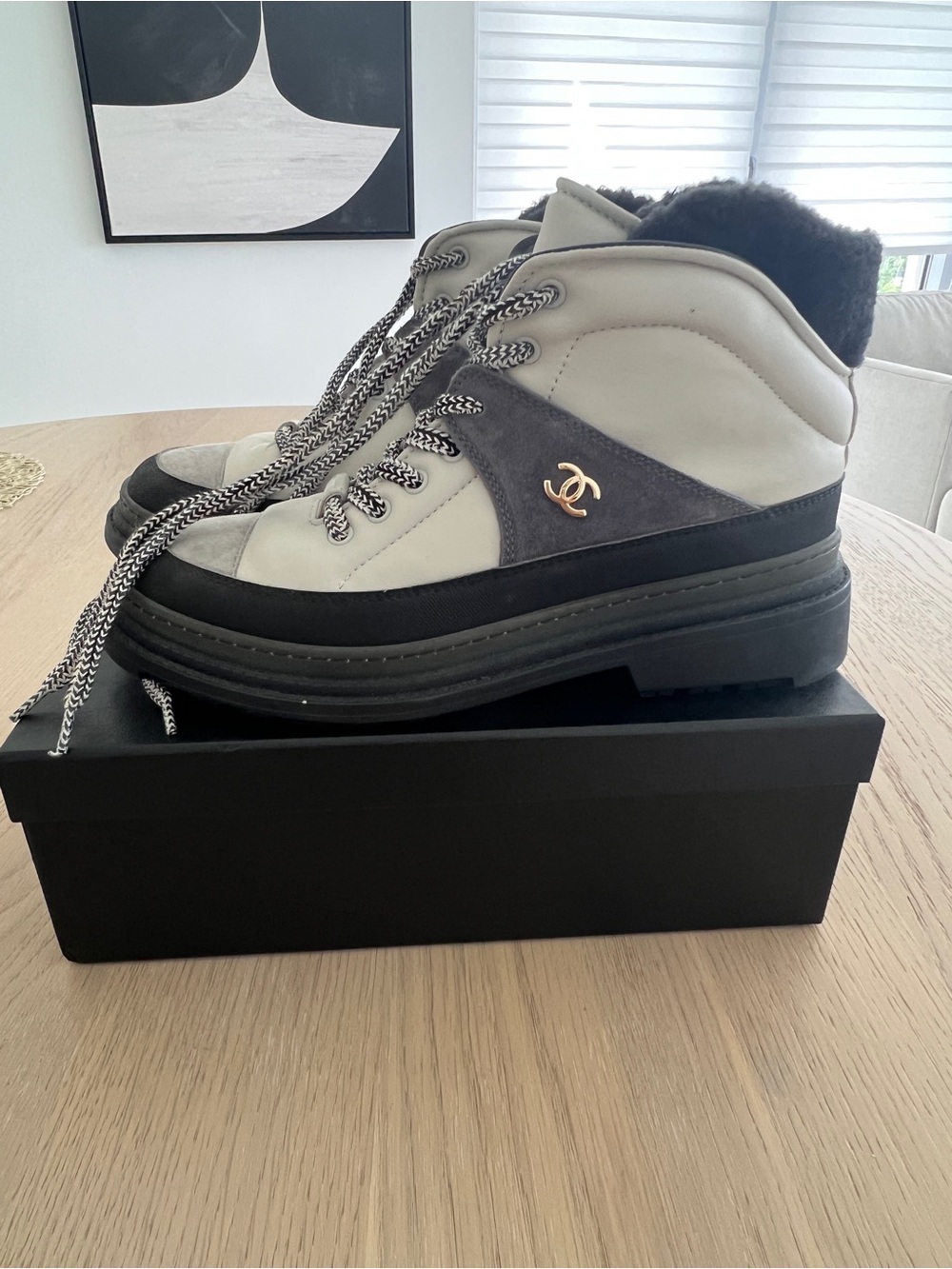 Chanel CC Shearling-Lined Lace-Up Snow Boots Ivory Gray Size 39.5